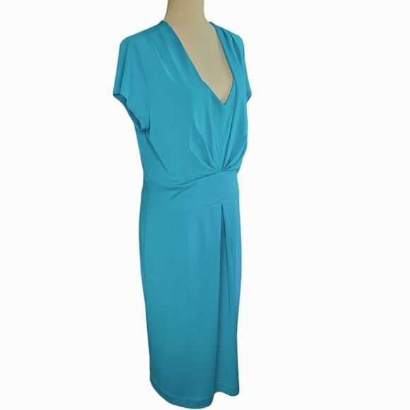 Talbots Turquoise Pleated V-neck Cap Sleeve Dress Size 14 - Picture 2 of 8